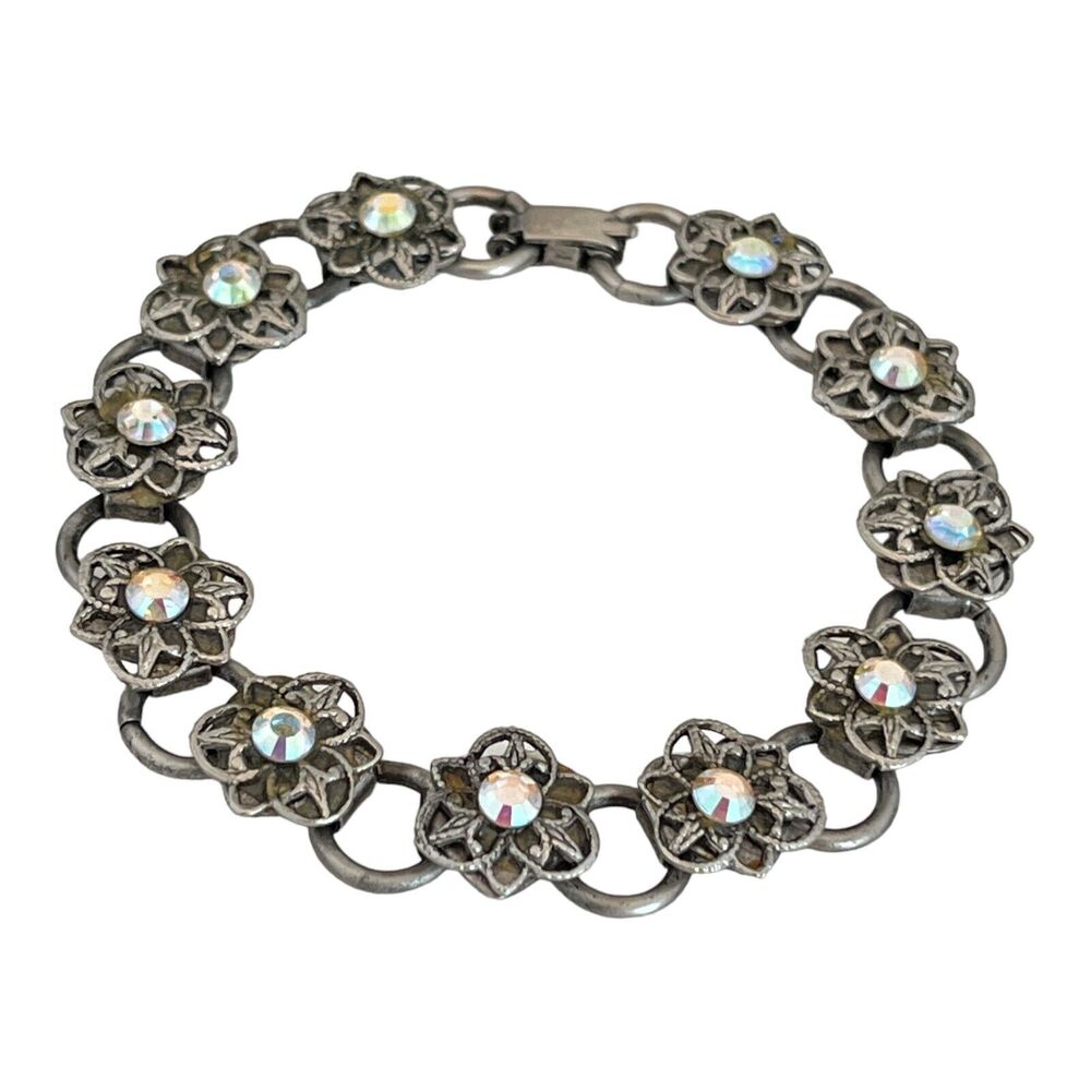 Vintage 1970s Floral Link Bracelet Aurora Borealis Oxidized Silver Tone - 4G